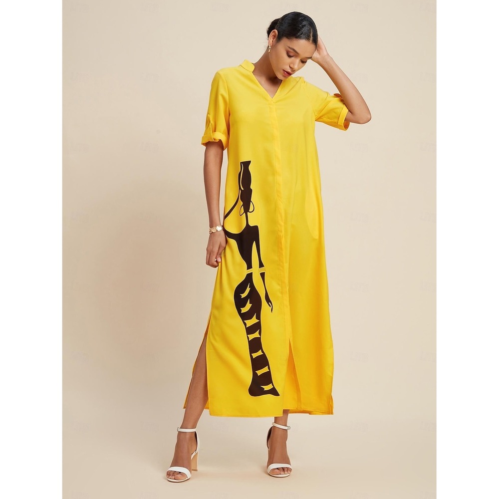 Ador Yellow Graphic Print Button Up Maxi Dress Short Sleeve Pockets Medium NWT‎